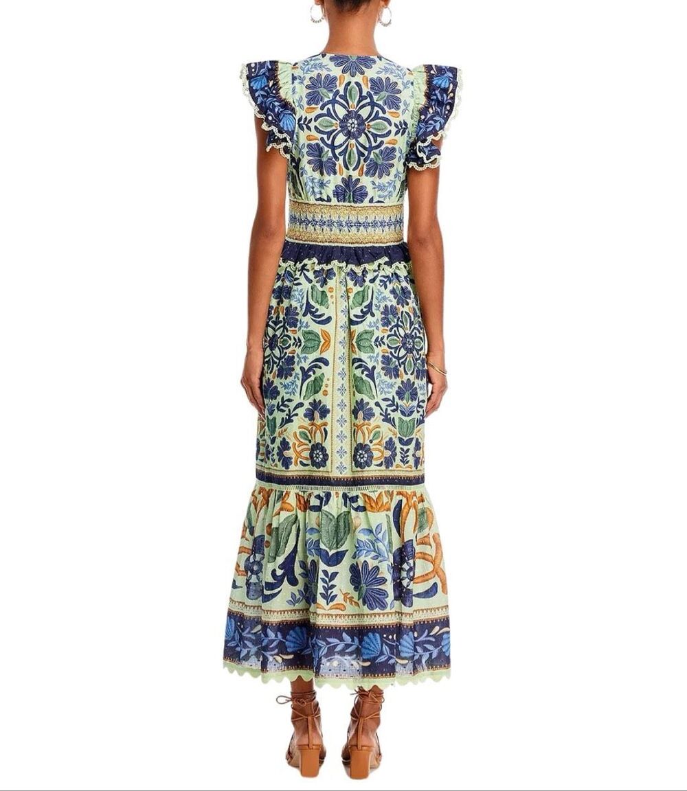 Farm Rio Ocean Tapestry Green Blue Floral V-Neck Smocked Maxi Dress Medium - Picture 3 of 7